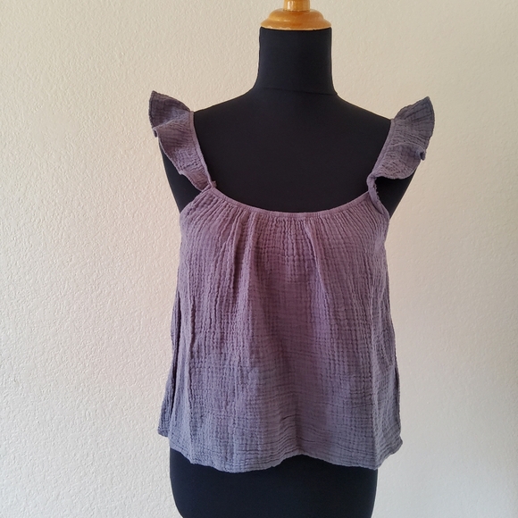 New Monrow Ruffle Crinkle Gauze Tank Top Grey - Picture 1 of 10